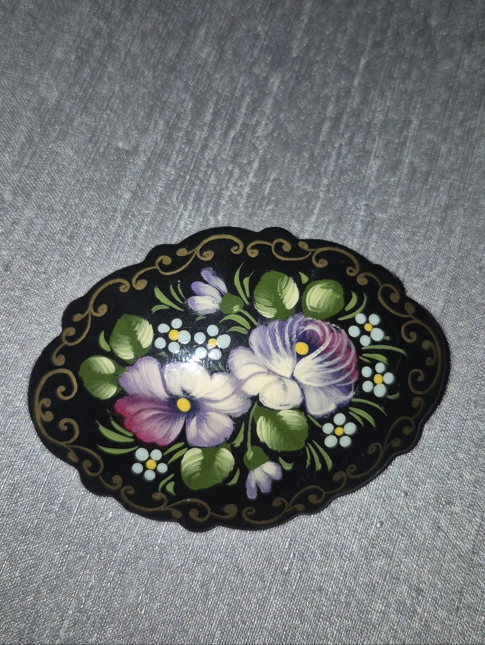 Vintage Russian Hand-Painted Floral Brooch in Black Purple